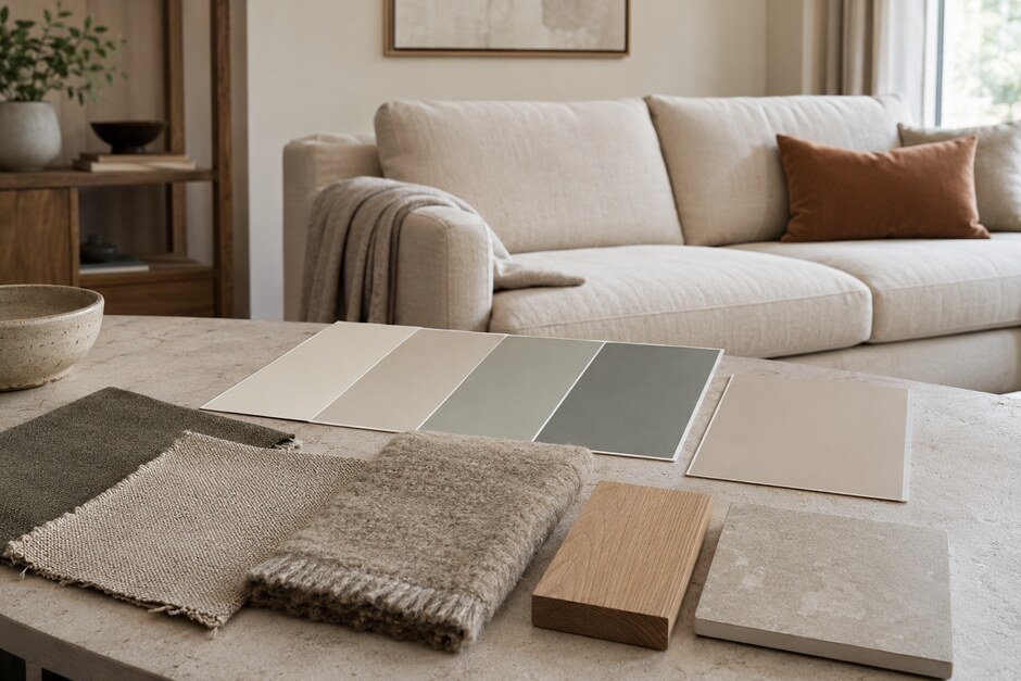A neutral living room with large paint, timber, tile, linen, and wool samples viewed in daylight.