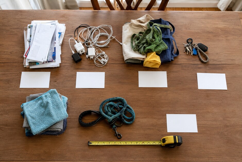 Everyday household objects grouped on a table with blank cards and a measuring tape before storage planning.