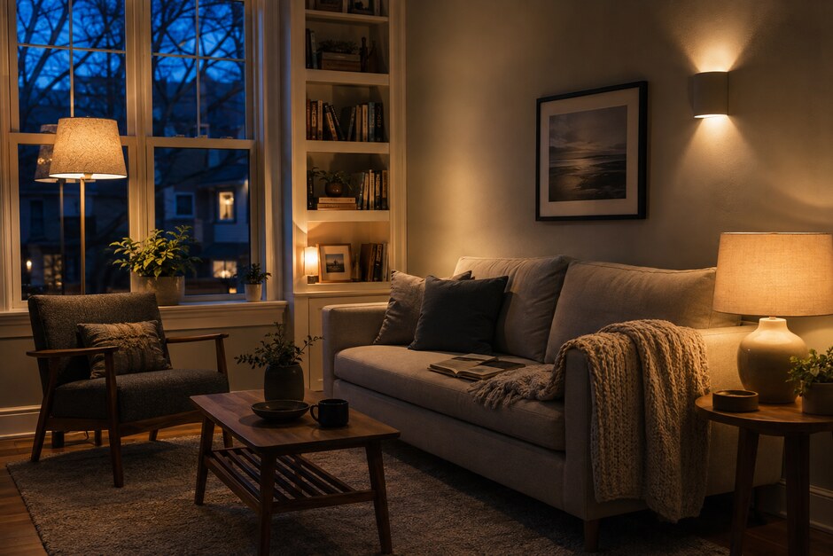 A compact living room lit by warm floor, table, and wall lamps during blue hour.