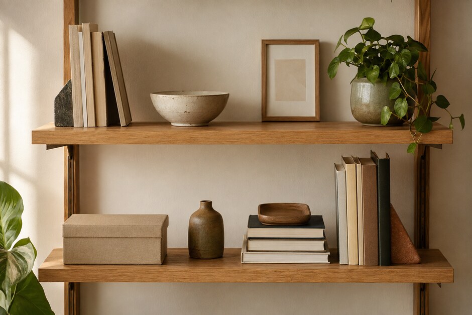 Oak shelves with useful books, ceramics, a plant, a storage box, and intentional open space.