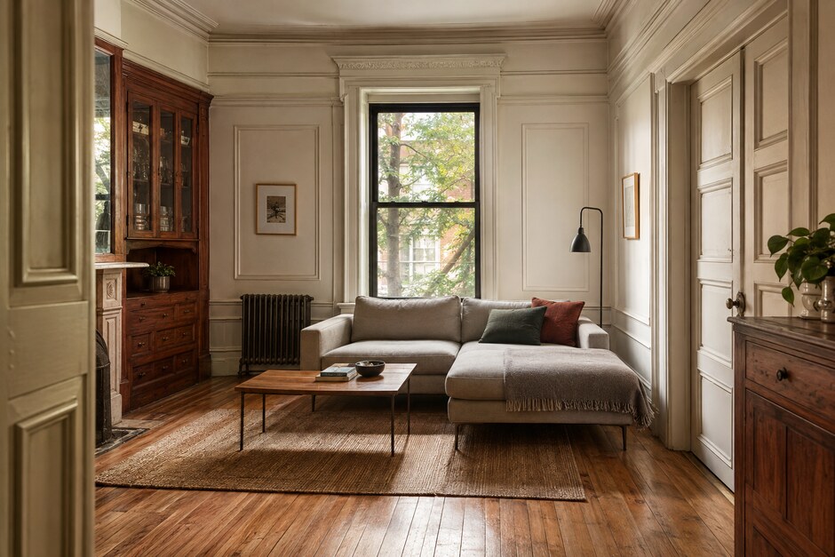 An older apartment room retaining original molding and timber while adding simple contemporary furniture and lighting.